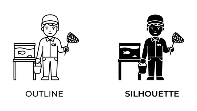 Aquarium Caretaker Icon Set: This graphic resource displays two distinct icons of a person with a net and bucket, tending to an aquarium with fish, presented in both outline and silhouette styles.