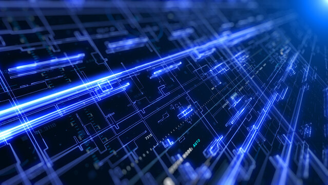 AI Digital Technology Background with Futuristic HUD Screen Interface. Blue Data Matrix Flow, Network Connections, and Big Data Analytics Dashboard Illustration Background.