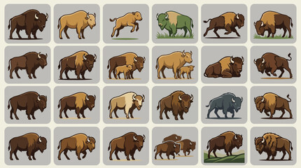 Fototapeta premium Premium flat vector set of American bison in different poses and natural habitats for professional design work