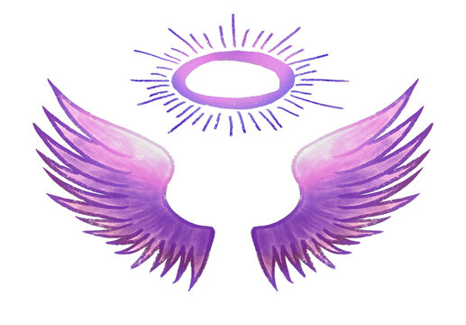 Cyber Y2K neon angel wings illustration with glowing purple and aura halo isolated on transparent background.