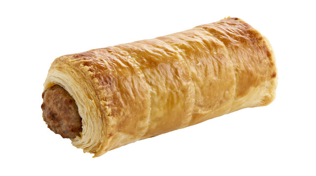 Golden brown sausage roll with flaky pastry and visible meat filling