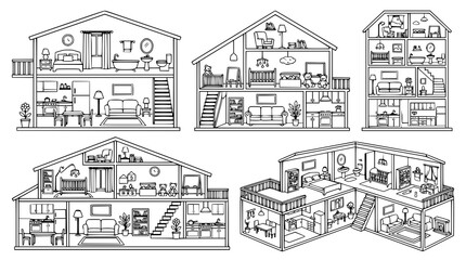 Fototapeta premium Cute Doll House Interior Coloring Book Vector Illustration Set with Home Furniture