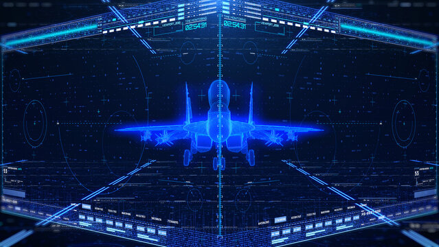 Futuristic AI Technology Displaying Holographic 3D Rendering Wireframe Blueprint of Autonomous Jet Fighter. Aircraft Identification, Radar Scanning Interface, and HUD Missile Analyze Illustration.