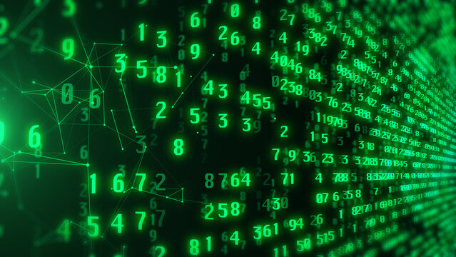 Cyber Security Binary Code Green Background with Moving Digits. Concept of Digital Age, Algorithm, Data Code, and Random Digital Data Matrix Number Space for Tech Motion Background Illustration.