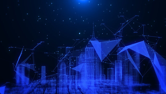 HUD Digital Skyscraper Wireframe Futuristic Technology Security Connection Interface Illustration.