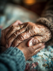 Fototapeta premium Caring hand gently touches elderly person hand, symbolizing compassion and support. image captures warmth and connection between generations, highlighting empathy and care