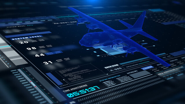 Futuristic Military Jet Wireframe on Tactical Heads-Up Display Interface with Real-Time Flight Metrics and Data Analytics Dashboard Horizontal Land Scape View 3D Rendering Illustration.
