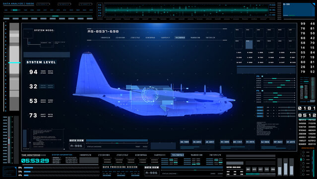 Technology futuristic military jet wireframe on tactical Heads-Up Display interface with data scanning analysis dashboard 3D rendering illustration.