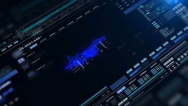 Futuristic Military Jet Wireframe on Tactical Heads-Up Display Interface with Real-Time Flight Metrics and Data Analytics Dashboard 3D Rendering Illustration.