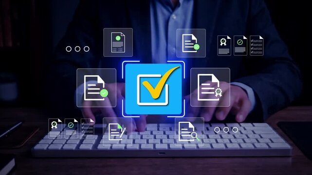 Approved document icon on digital documents for approve business project proposals. Quality assurance and online evaluation of business concept.
