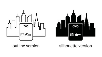 Obraz premium Smart City Access: Two stylized icons depict a smart access card against a cityscape. One is an outline and the other a silhouette, representing modern urban technology and connectivity.