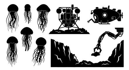 Deep Sea Exploration Icons: Jellyfish, Submersible, Lander, Robot Arm, Ocean Floor, Vector Set © Akram