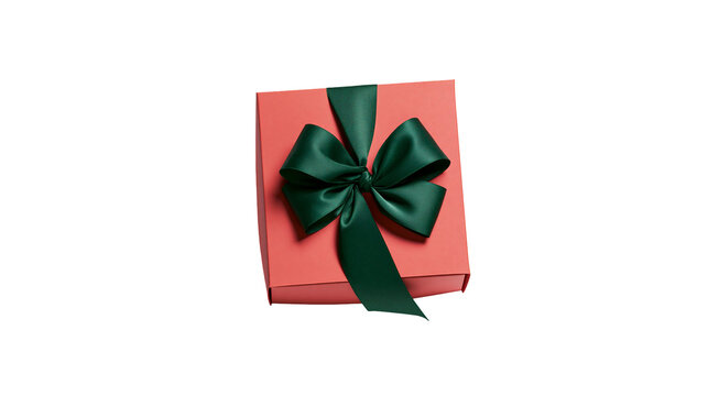 Coral pink gift box with dark green satin bow