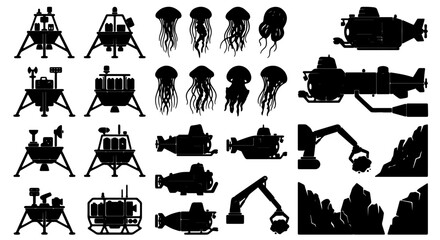 Space Lander and Submarine Silhouettes, Jellyfish Icons, Robotic Arm and Underwater Rock Formations Vector Set © Akram
