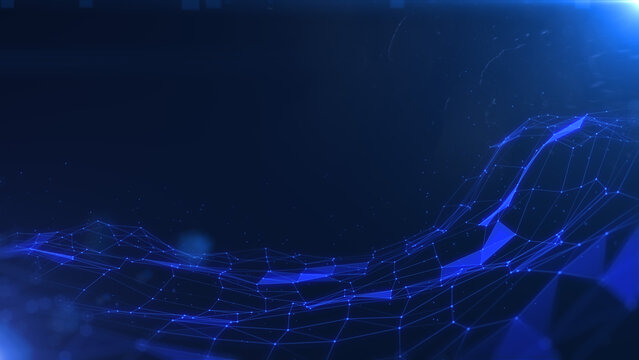 Technology digital blue low poly line landscape and particle floating in dark space background