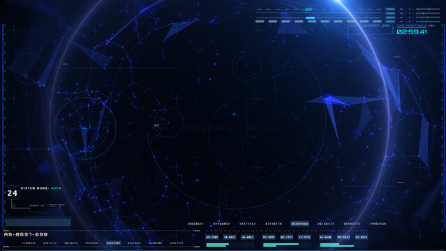 Abstract low poly network connection structure illustration.Technology blue dots, lines mesh flowing in blue cyber space with glow circle ring background.