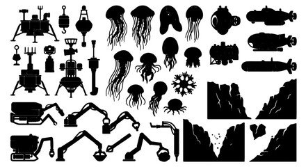 Sci-Fi Exploration Icons: Space Lander, Submarine, Jellyfish, Excavator, and Rocky Terrain Vector Set for Futuristic Concepts © Akram