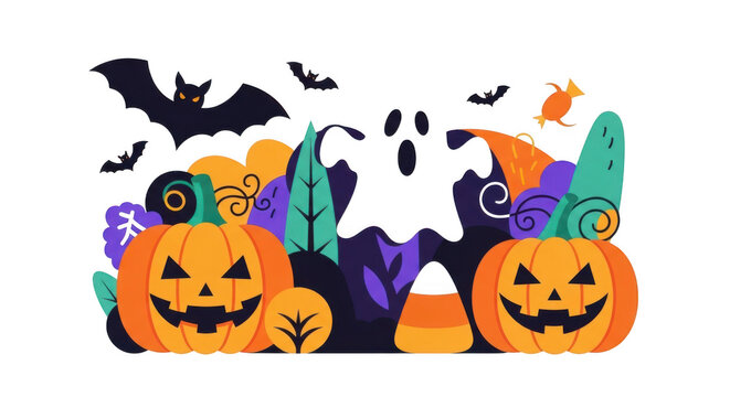 Halloween illustration with pumpkins, ghost, bats, and candy corn isolated on transparent background