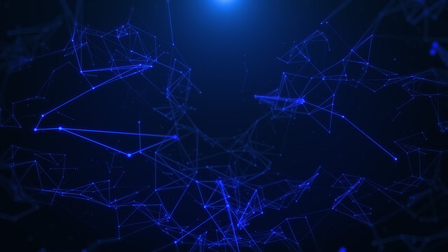 Abstract digital low poly data network flowing illustration on blue background