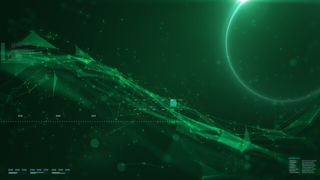 Futuristic Digital Data Stream with Network Connection Lines and Abstract Numeric Interface in Cyber Green Tones Illustration