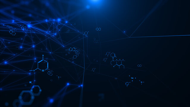 Abstract Technology Chemical Molecule Symbols Wiggle System Monitoring Display. Network Line Connection Digital Data Copy Space Illustration Background.