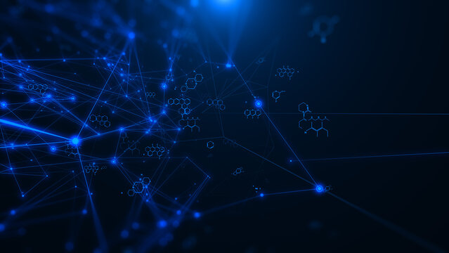 Abstract blue chemical futuristic structural health care formulas. Science geometric network cyberspace illustration background.