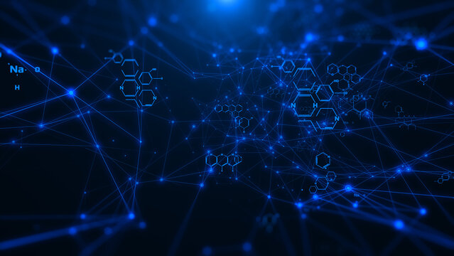 Abstract blue chemical futuristic structural health care formulas. Science geometric network cyberspace illustration background.