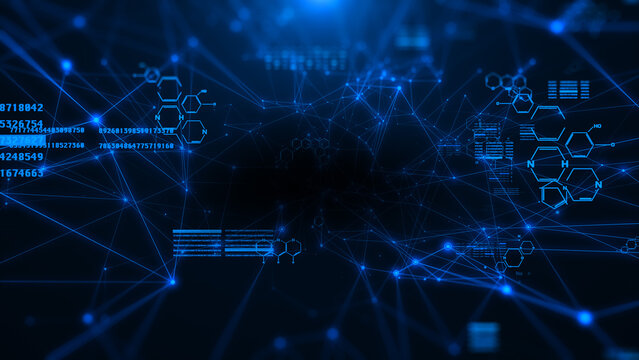Abstract blue chemical futuristic structural health care formulas. Science geometric network cyberspace illustration background.