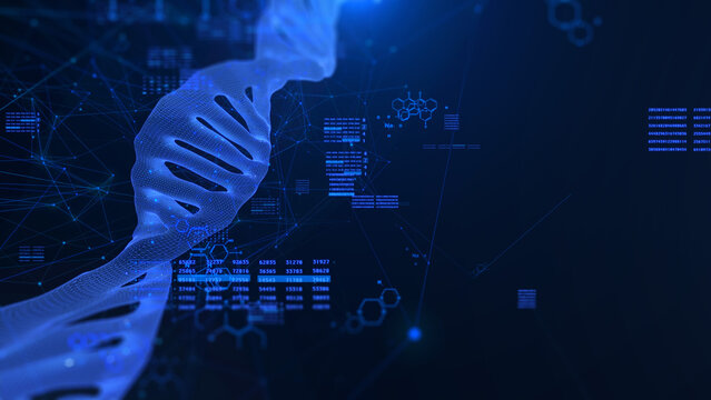 3D Rendering of Blue DNA Strand against Dark Background. Glossy Double Helix Structure Motion Video with Abstract Shining Geometry Lights. Digital Technology Medical Design Concept Illustration.