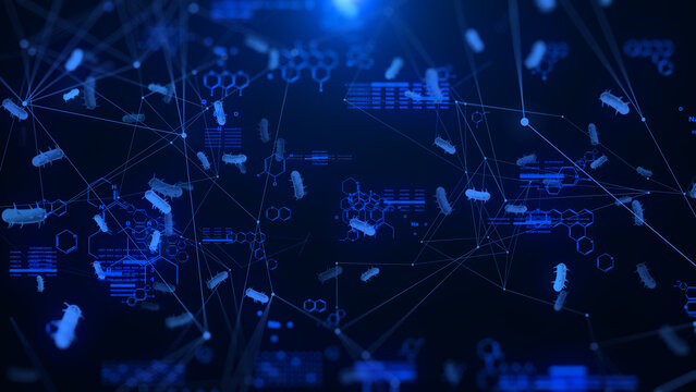Technology Futuristic 3D rendering of Virus Bacteria Cells Chemical Structure Data Connection Background. Geometric Line Dot Floating Random Position Movement Illustration
