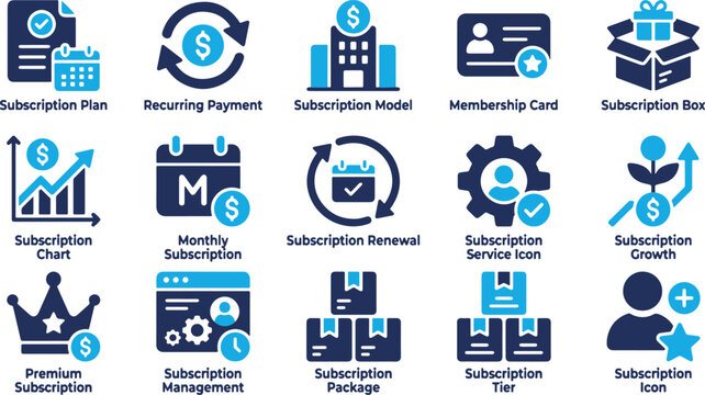 Comprehensive Premium Collection of Subscription and Membership Icons for Business Management, Recurring Payment Solutions, and Service Growth Strategies