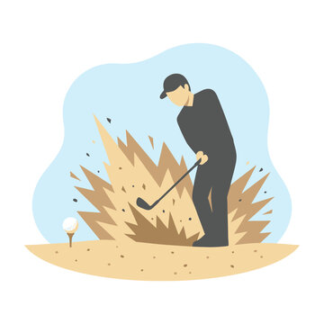 Professional Golfer Hitting A Difficult Sand Bunker Shot On A Golf Course Field