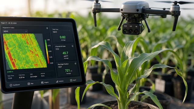 Small model uav drone equipped with a multispectral camera recording rgb, nir, and red-edge data positioned above a potted maize plant for precision agriculture