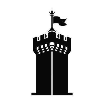 Fortress tower icon with waving flag and crenellated walls symbolizing defense security and royal protection for gaming or business logos