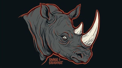 Savage and steadfast wild spirit power. Rhino head print design for t shirt and apparel. African rhinoceros mascot with sharp horns and grey skin. Hand drawn engraving vector illustration. © m gusafif