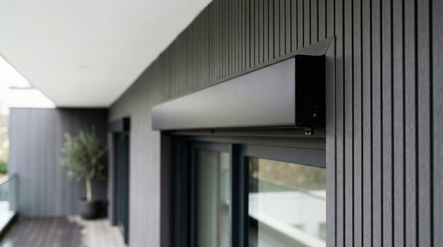 Architectural facade with integrated roller blind system, shading modern balcony, for residential comfort and style.