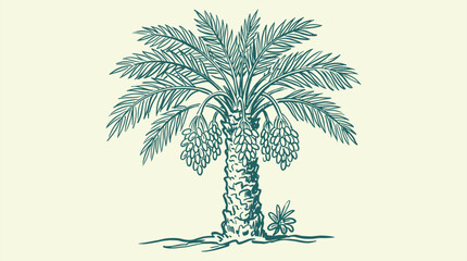 Obraz premium Tropical oasis and desert vibes. Graphic design for organic food packaging. Date palm tree with ripe fruit bunches. Hand drawn vintage botanical line art sketch for branding and labels.