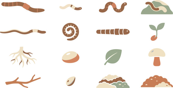 Set of earthworm icons and garden elements for nature design projects in a flat vector illustration style isolated