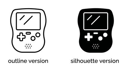 Portable Game Console Icons: Two distinct icons represent a handheld gaming device, one as a clean outline and the other as a solid silhouette, showcasing versatility in design. © mnv