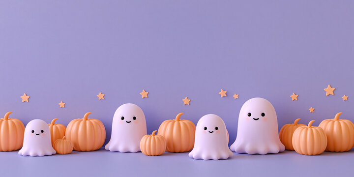 Pastel Pumpkins And Ghosts Arrangement A Soft Halloween 3d Scene render autumn celebration cute decoration