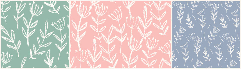 Seamless floral pattern, abstract ornamental print of sketch plants. Simple Kids motif botanical design of large hand drawn leaves, chalk drawn wild flowers. Vector illustration in two colors. © Yulya i Kot