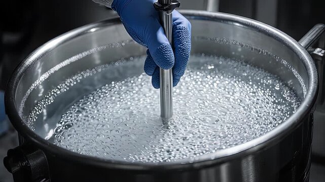 Industrial worker&rsquo;s hands stirring sodium hydroxide solution with mechanical stirrer inside a chemical reactor in laboratory setting  