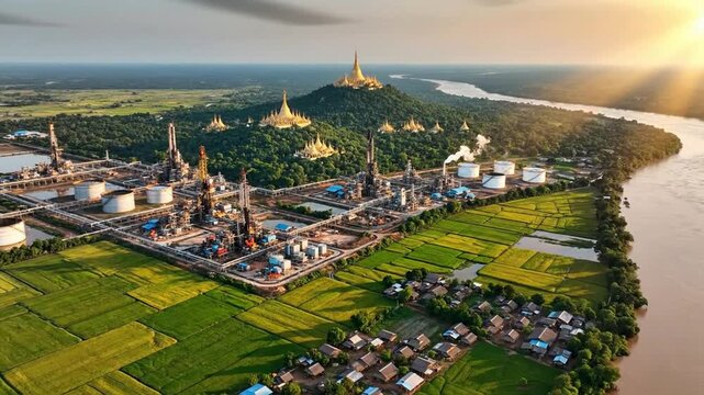 Aerial view of industrial refinery plant near traditional village and golden pagoda temples at sunset