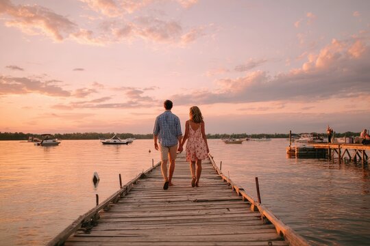 Romantic sunset walk along a wooden dock as a couple holds hands