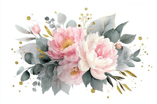 Romantic watercolor floral design with pink peonies and gray-gold leaves for cards, posters, and wedding stationery