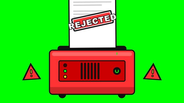 Rejected Document Paper Shredder Animation on Green Screen Background for Business Process Error and Application Refusal Concepts
