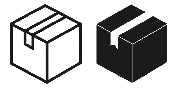 Cardboard box icon set, package shipping and delivery symbols with tape in outline and filled styles, clean modern vector illustration, isolated on transparent background.