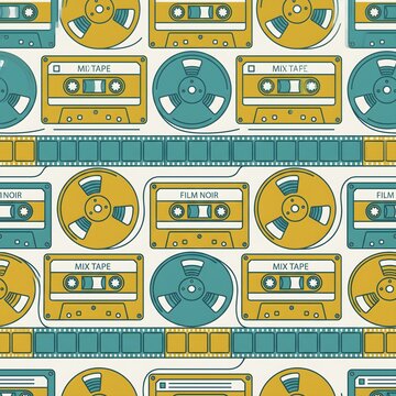 A vintage-inspired seamless repeating pattern featuring retro analog cassette tapes, classic cinema film reels, and movie strip frames in a trendy mustard yellow and teal blue color palette