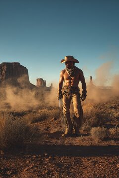 Rugged cowboy standing in a dusty desert with a holstered revolver