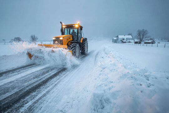 Rural Farm Machinery in Action: Tractor Pushing Snow from a Driveway